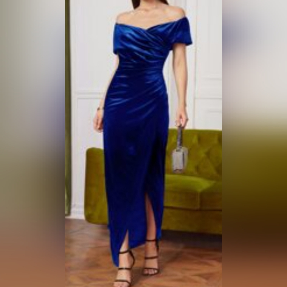 New Velour bodycon off shoulder wrap gown, size 14 royal blue
